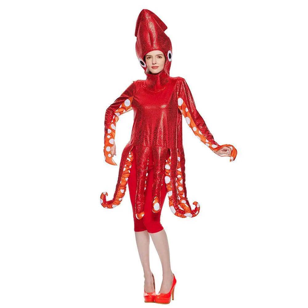 Adult Spoof Squid Costume Red Leggings Jumpsuit Funny Novelty Halloween Cosplay Costume - Ecosfun