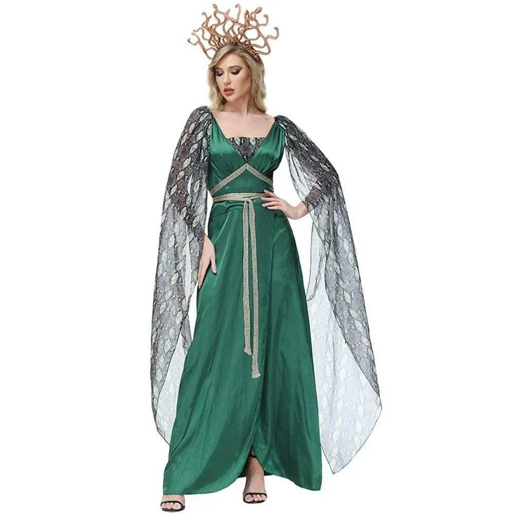 Dark green snake print slit dress mythical siren Medusa dress Halloween Costumes for adult - Ecosfun