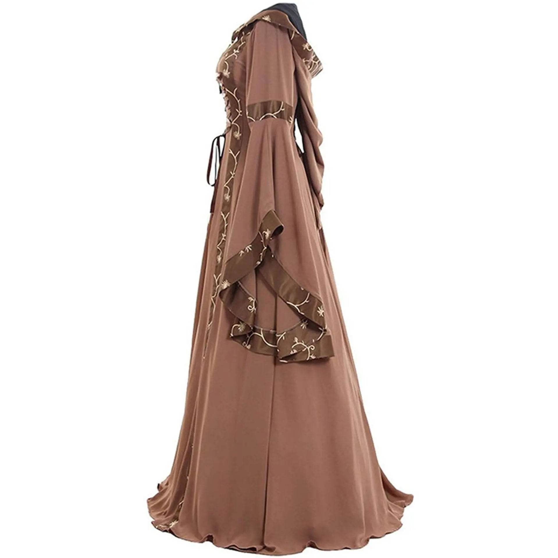 Medieval Retro Hooded Dress Costume Square Neck Tie Trumpet Sleeves Big Swing Skirt - Ecosfun