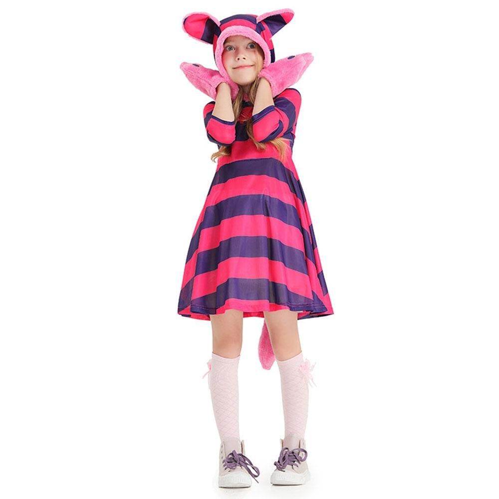 Purple Striped The Cheshire Cat Dress Halloween Outfits Carnival Cosplay Costume For Kids - Ecosfun
